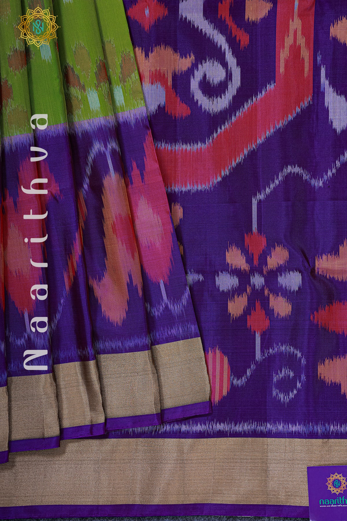 GREEN WITH PURPLE - PURE IKAT SOFT SILK