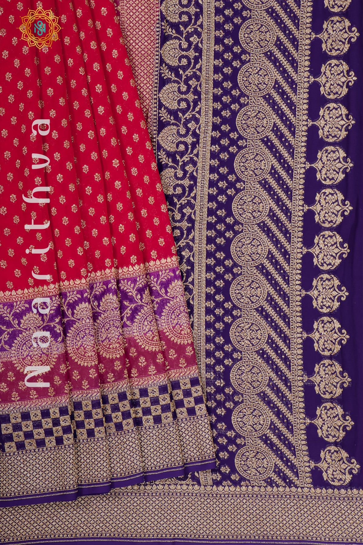 RED WITH PURPLE, PINK & NAVY BLUE - PURE HANDLOOM KHADDI GEORGETTE BANARAS