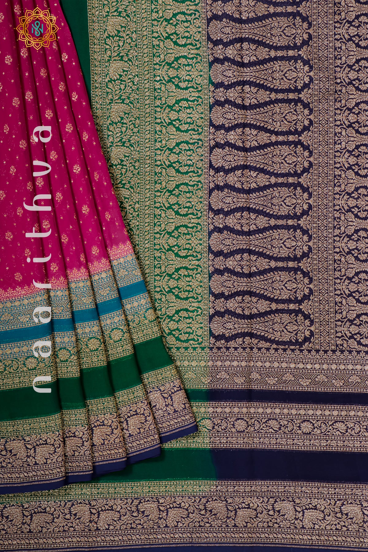 PINK WITH BLUE WITH GREEN, NAVY BLUE - PURE HANDLOOM KHADDI GEORGETTE BANARAS