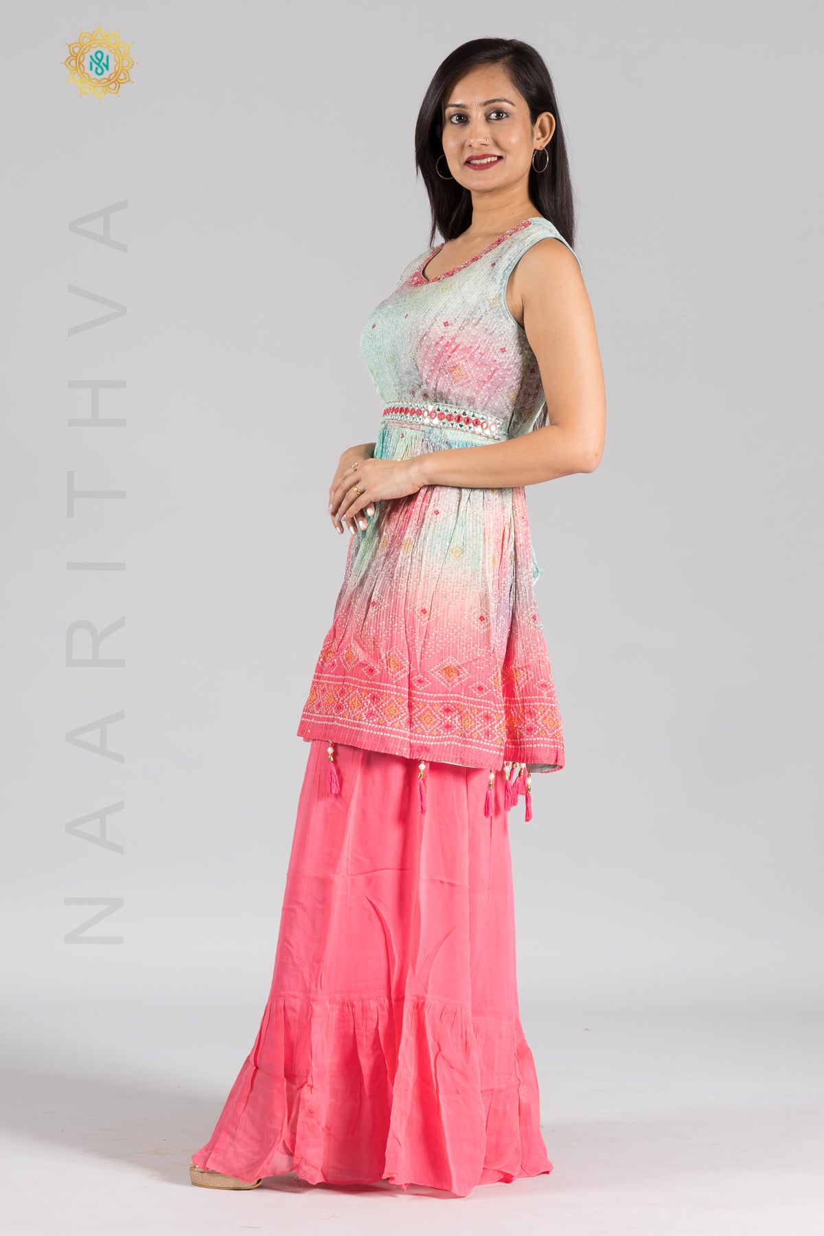 BLUE WITH PEACH - PRINTED PAPLONE SALWAR SUIT WITH SHARARA PANT & DUPATTA