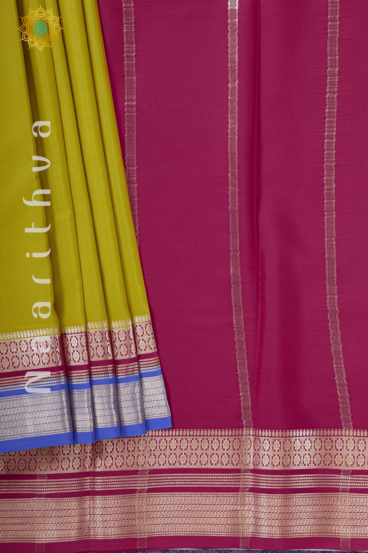 PARROT GREEN WITH PINK & BLUE - MYSORE CREPE SILK