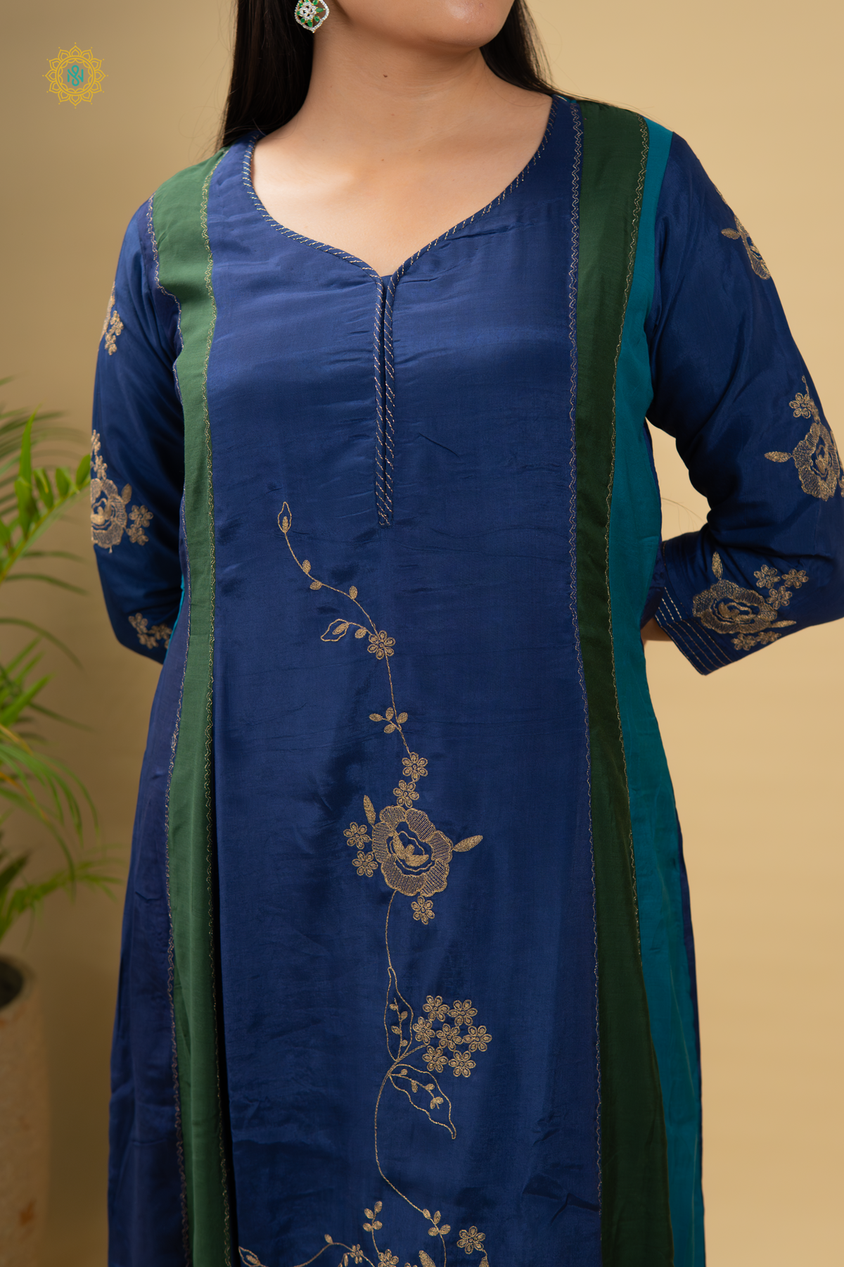GREEN WITH BLUE - 3PC DOLA SILK SALWAR SUITS WITH TOP, BOTTOM & DUPATTA
