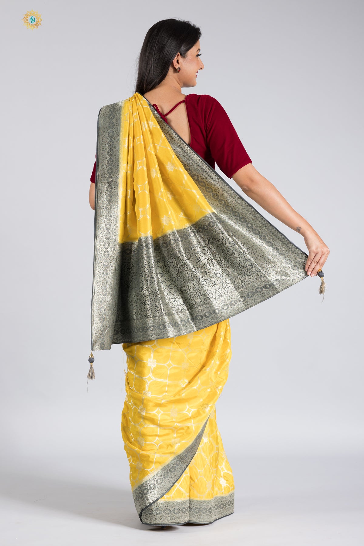 Shibori Grey and yellow crepe saree - ANJU SHANKAR LABEL