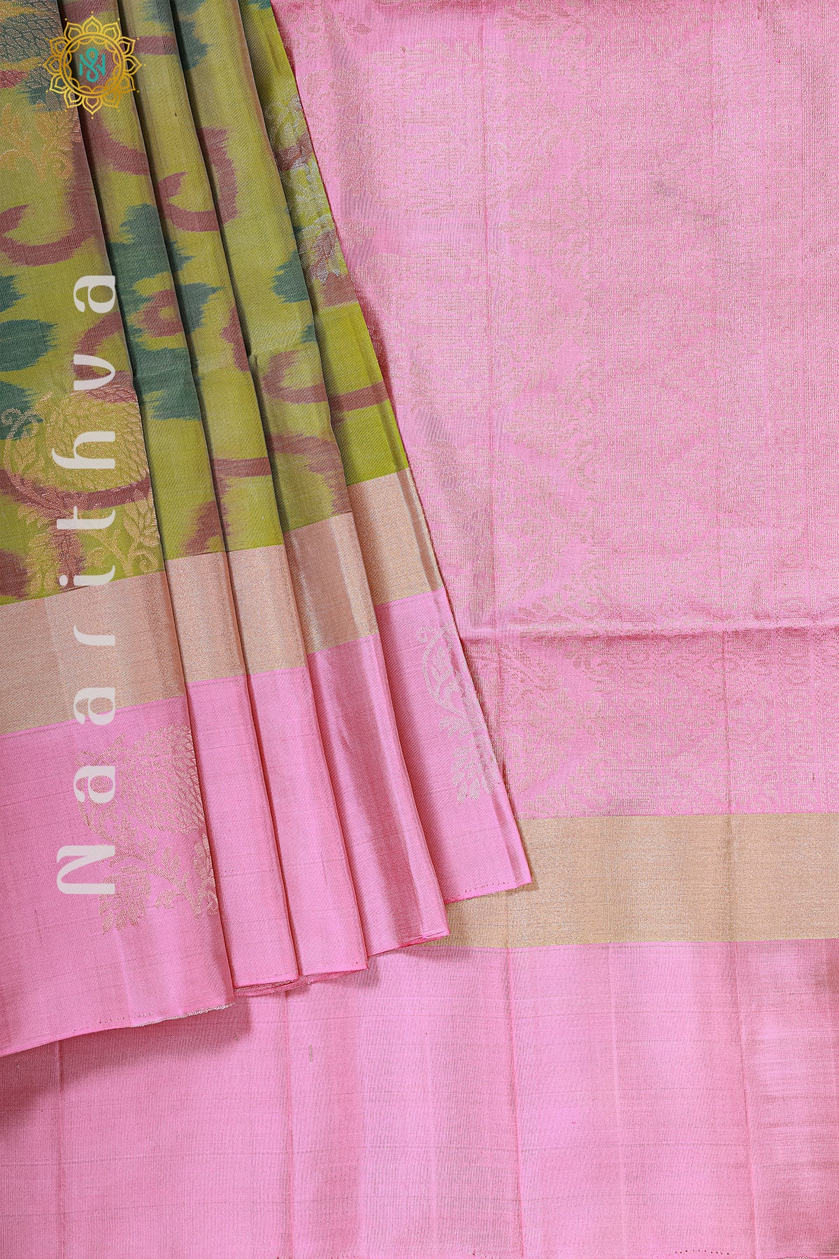 GREEN WITH LIGHT PINK - PURE IKAT SOFT SILK