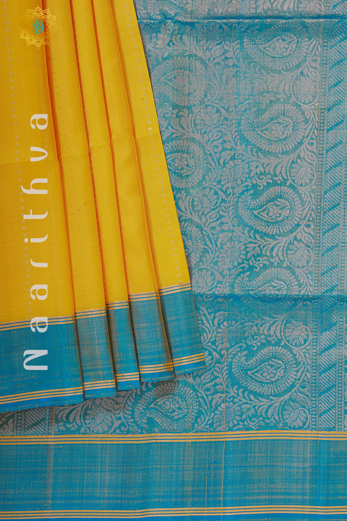 YELLOW WITH SKY BLUE - PURE KANJIVARAM SOFT SILK