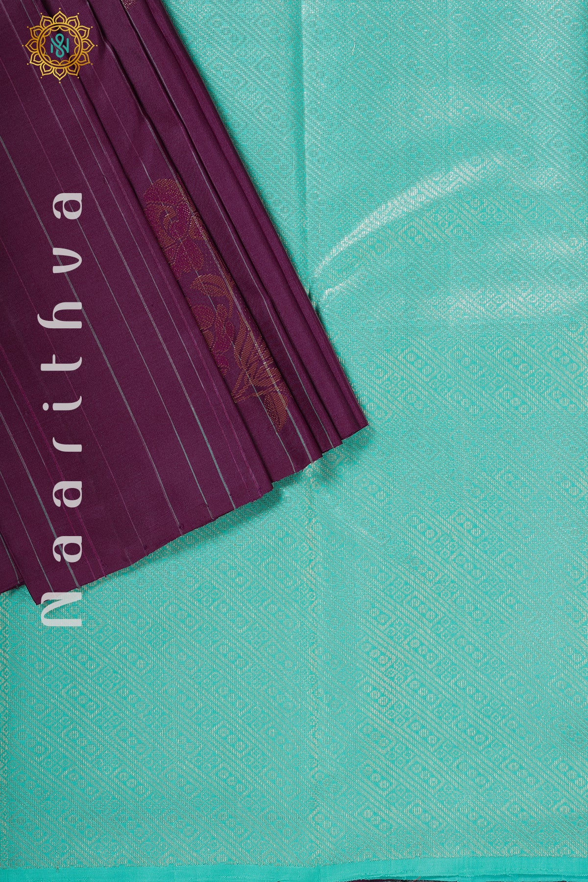 DEEP WINE WITH CYAN GREEN - PURE KANJIVARAM SILK WITH PURE ZARI