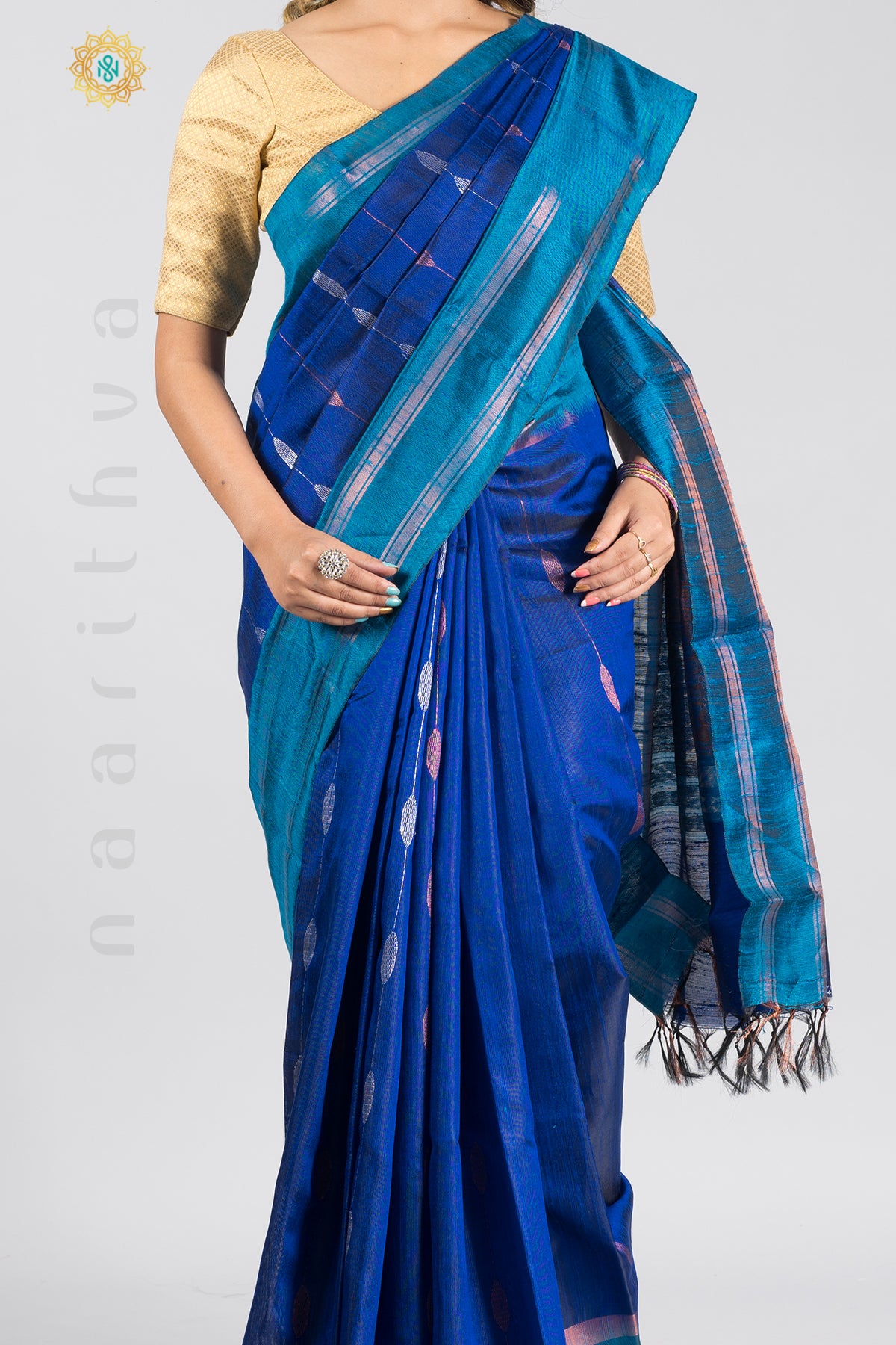 BLUE - PURE TUSSAR SILK WITH COPPER & SILVER ZARI WEAVES & CONTRAST BLOUSE