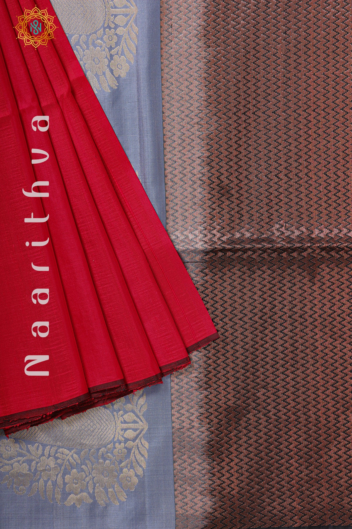 RED WITH GREY & BLACK - PURE KANJIVARAM SOFT SILK