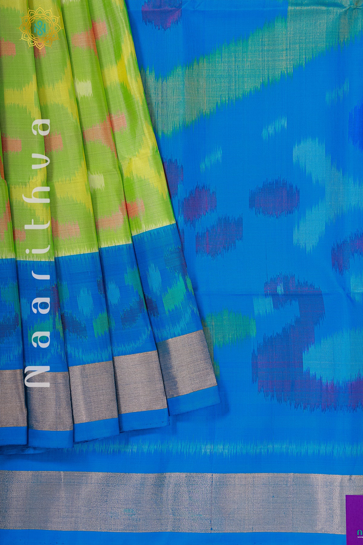 GREEN WITH SKY BLUE - PURE IKAT SOFT SILK
