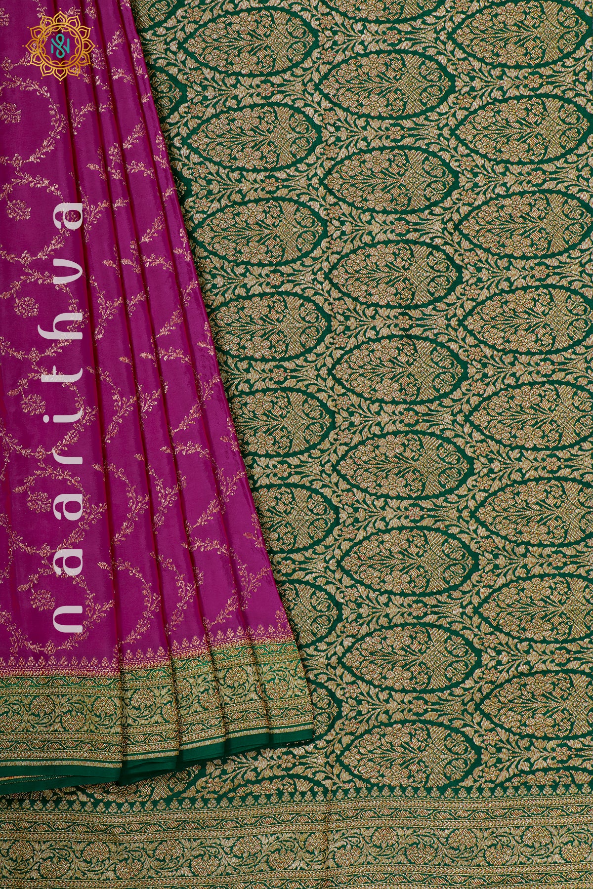 PINK WITH GREEN - PURE BANARASI CREPE SILK