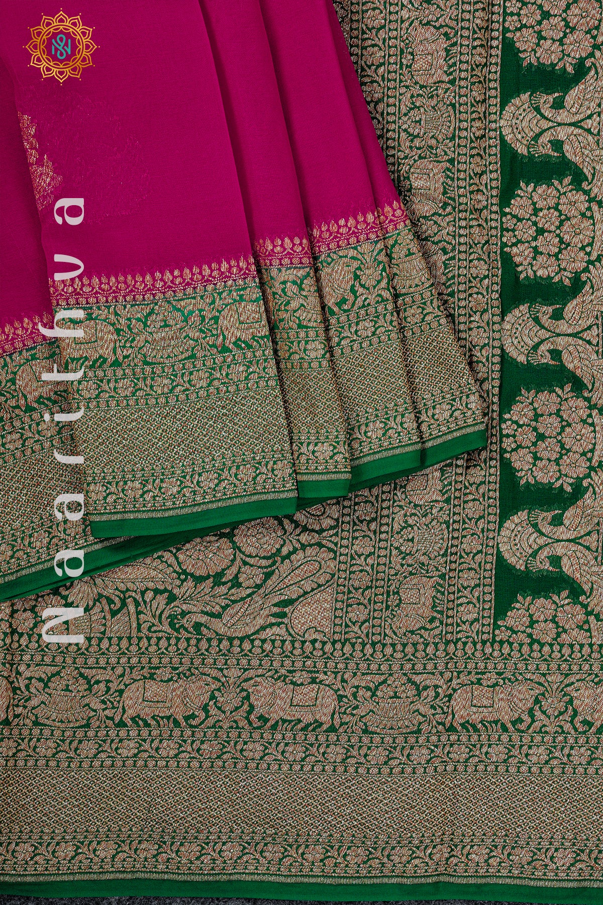 PINK WITH GREEN - PURE HANDLOOM KHADDI GEORGETTE BANARAS