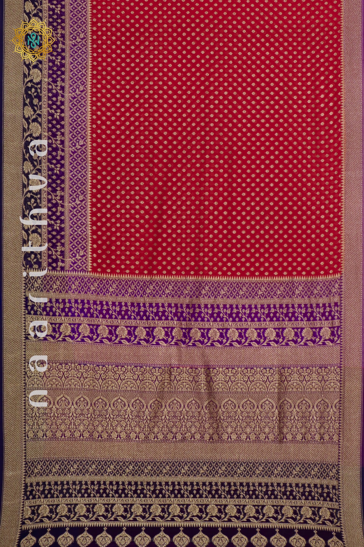 RED WITH PURPLE & NAVY BLUE - PURE HANDLOOM KHADDI GEORGETTE BANARAS