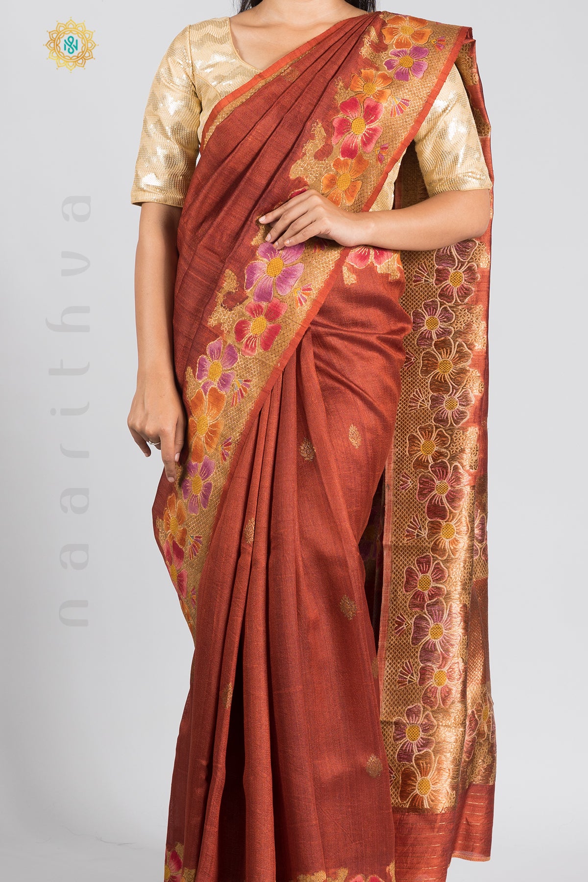 RUST ORANGE - PURE TUSSAR SILK WITH ZARI WOVEN HAND BRUSH BORDER & PALLU