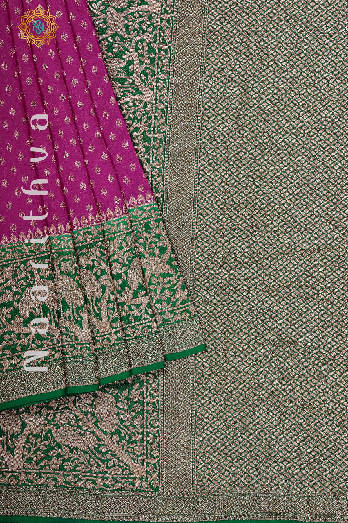 PINK WITH GREEN - PURE HANDLOOM KHADDI GEORGETTE BANARAS