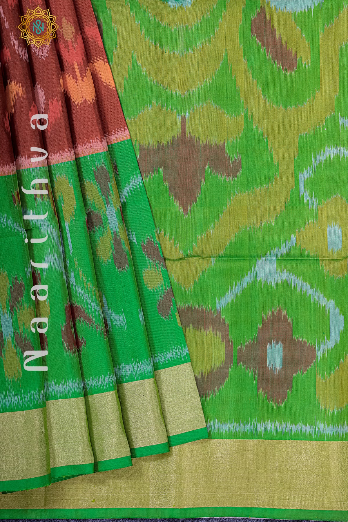 BROWN WITH GREEN - PURE IKAT SOFT SILK