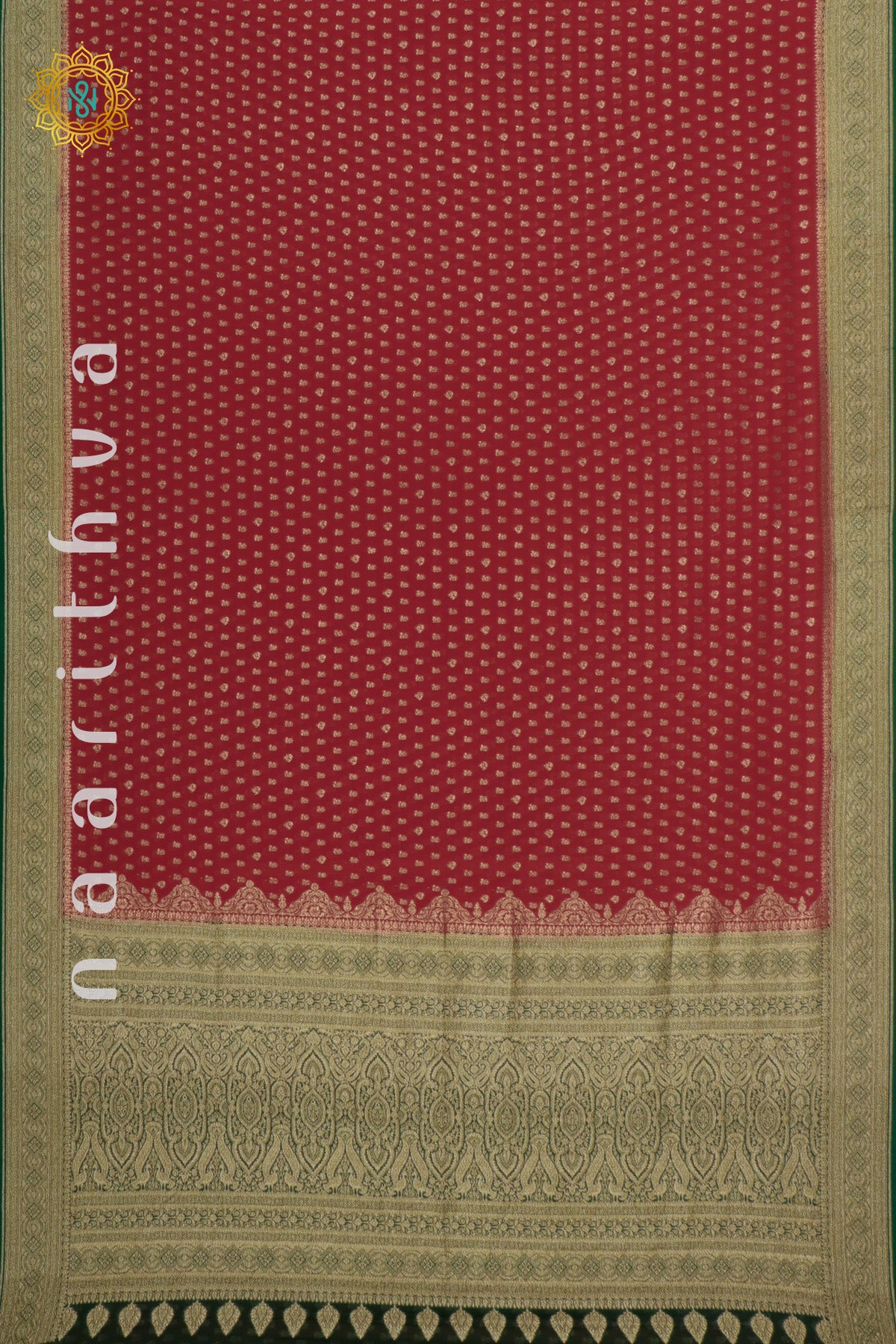 RED WITH GREEN - PURE HANDLOOM KHADDI GEORGETTE BANARAS