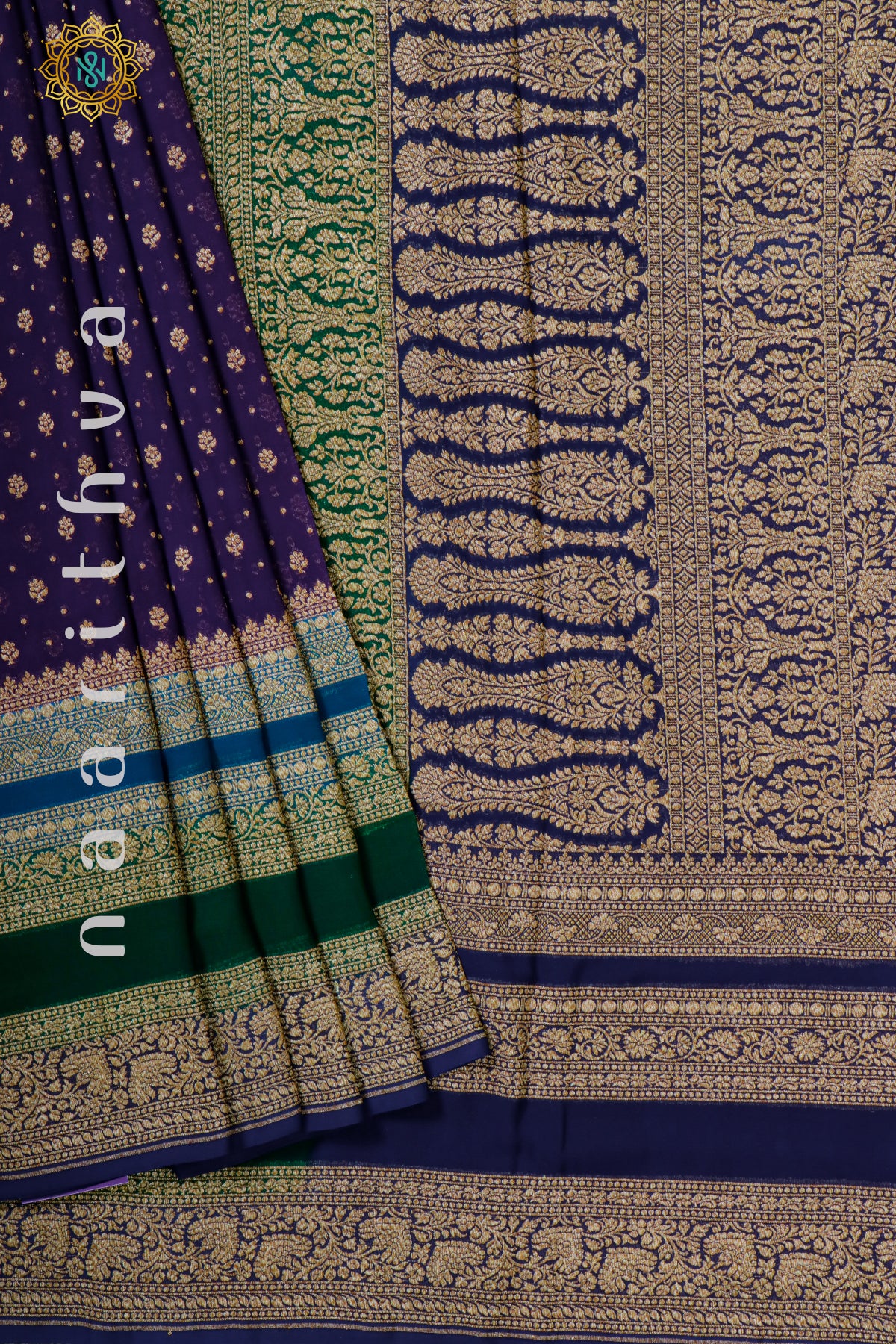 PURPLE WITH BLUE & GREEN, NAVY BLUE - PURE HANDLOOM KHADDI GEORGETTE BANARAS