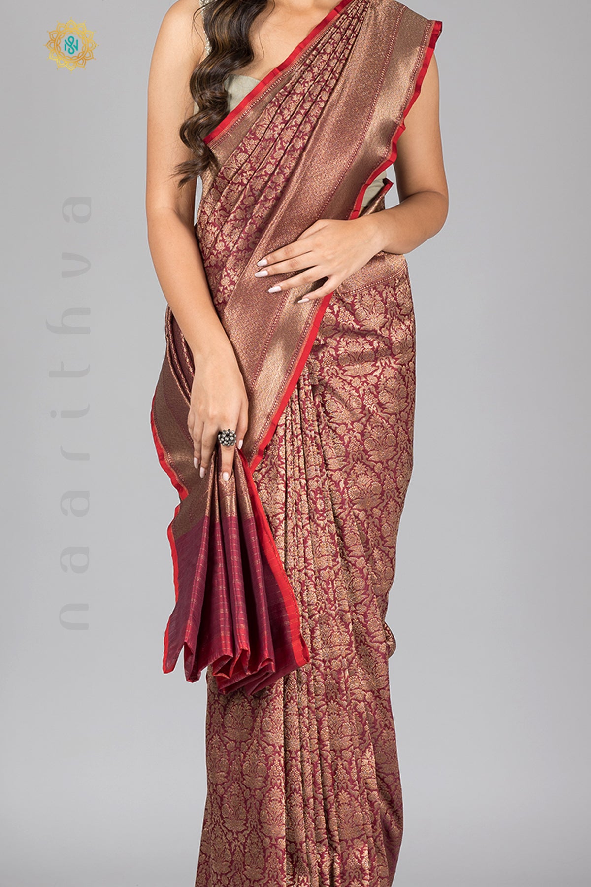 MAROON WITH RED - PURE HANDLOOM KATAN SILK WITH ANTIQUE ZARI WEAVES & CONTRAST BLOUSE