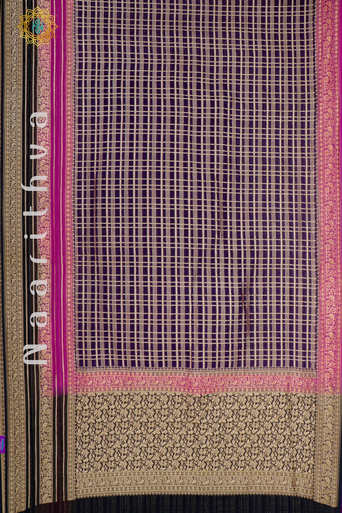 NAVY BLUE WITH PINK & BLACK - PURE HANDLOOM KHADDI GEORGETTE