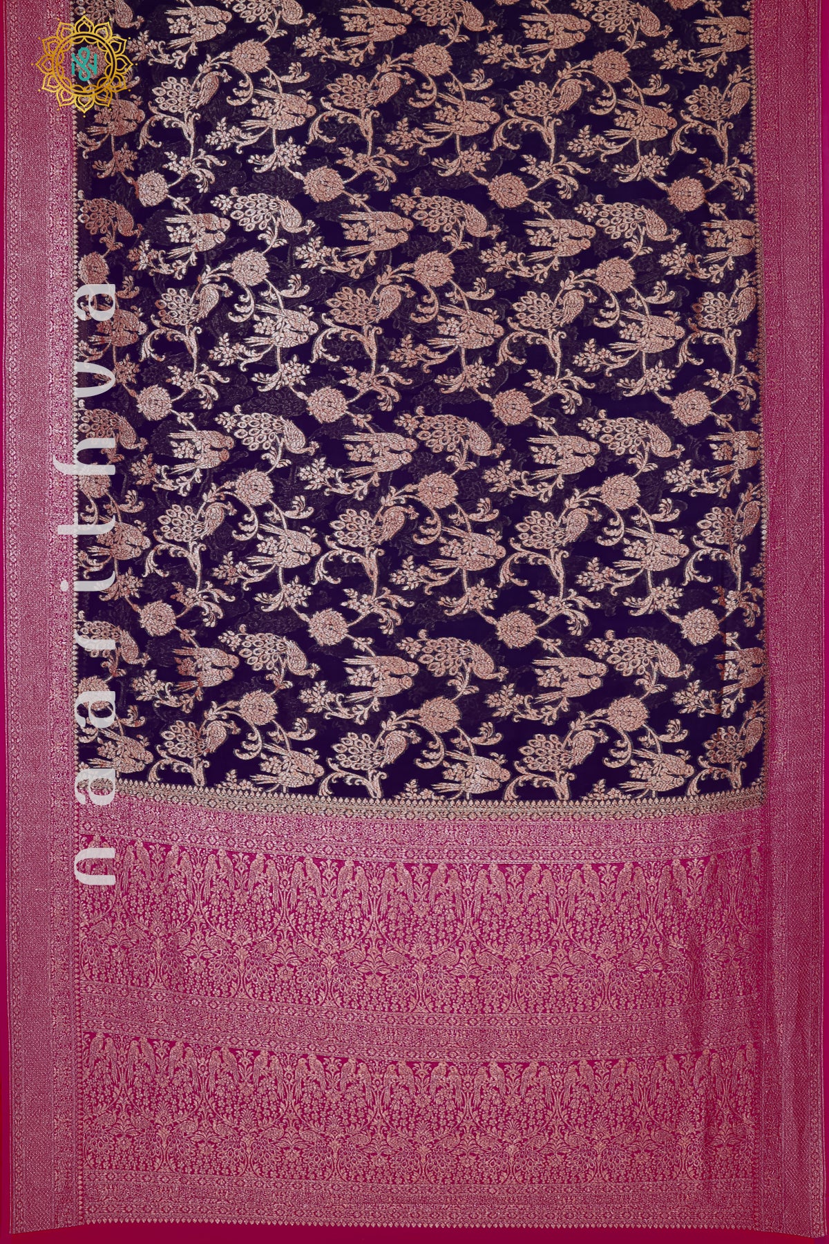 NAVY BLUE WITH PINK - PURE HANDLOOM KHADDI GEORGETTE BANARAS