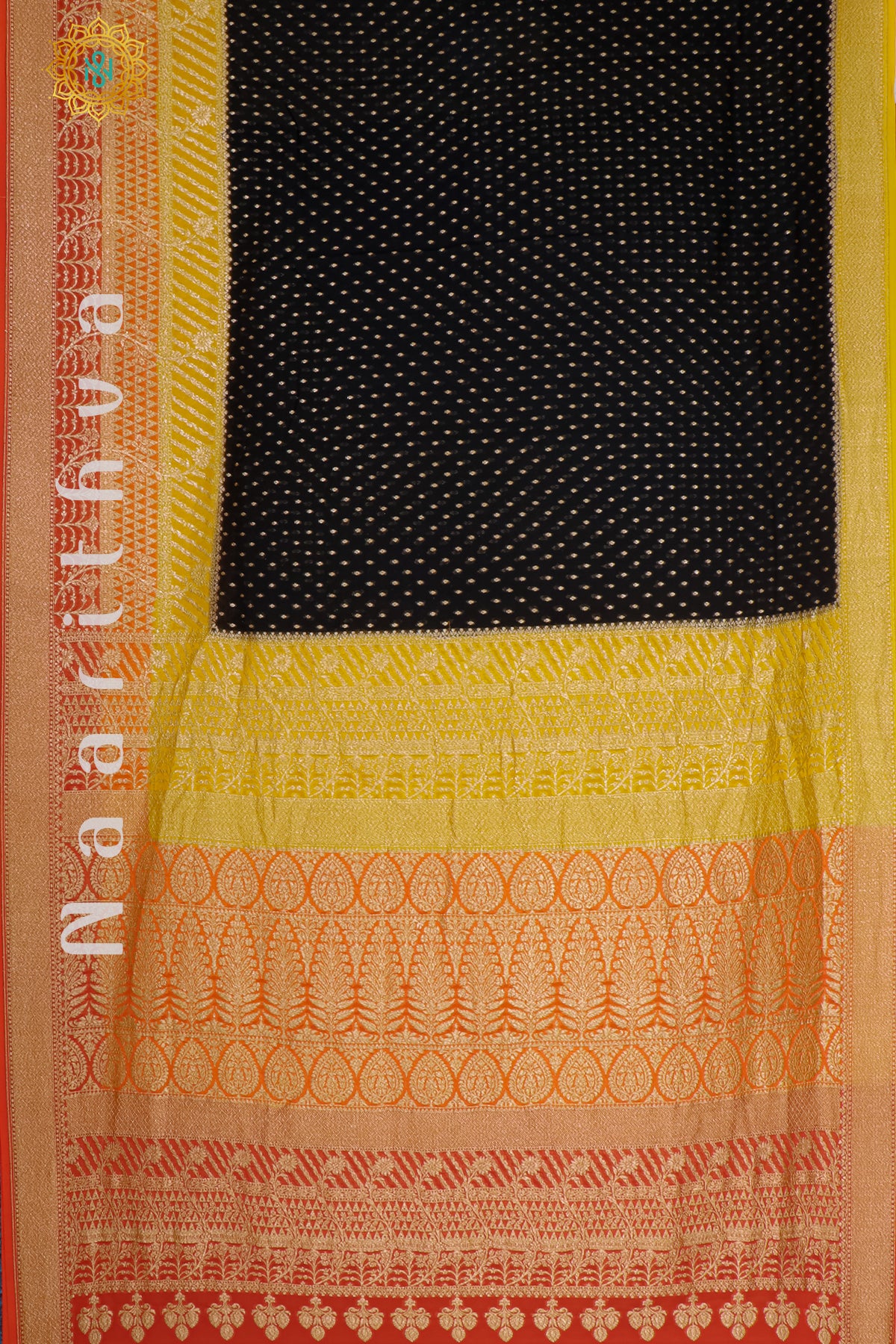 BLACK WITH YELLOW, ORANGE & RED - PURE HANDLOOM KHADDI GEORGETTE BANARAS