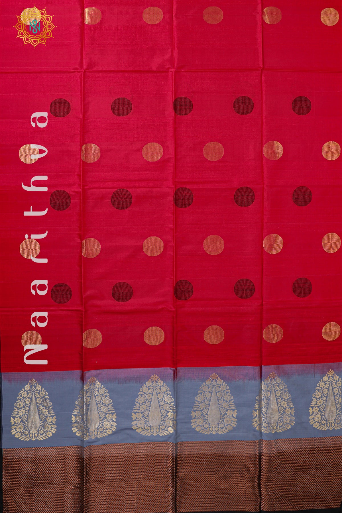 RED WITH GREY & BLACK - PURE KANJIVARAM SOFT SILK