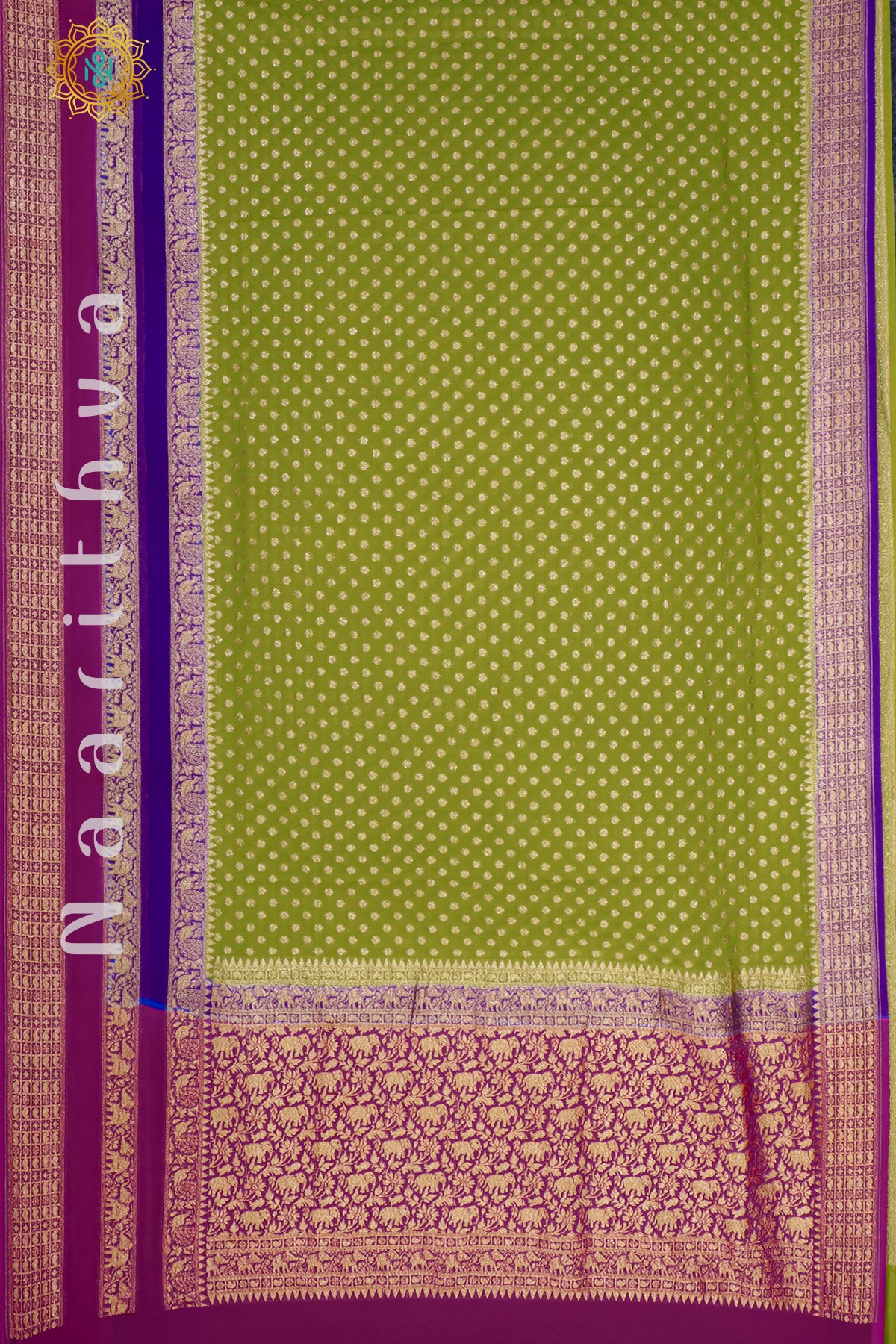 PARROT GREEN WITH PURPLE & PINK - PURE HANDLOOM KHADDI GEORGETTE BANARAS