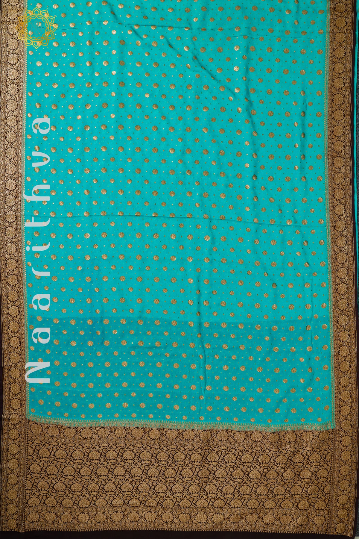 CYAN BLUE WITH BROWN - PURE HANDLOOM KHADDI GEORGETTE BANARAS