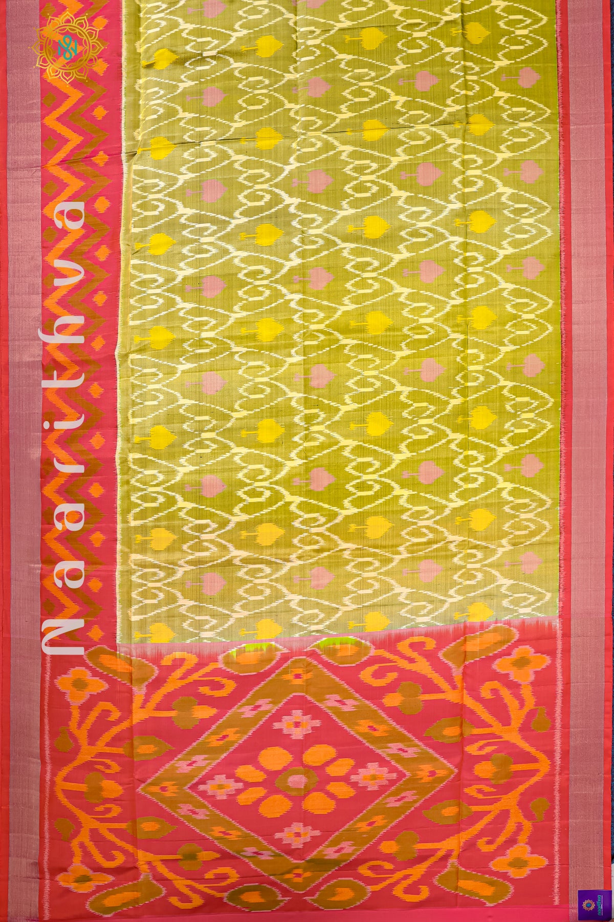 OLIVE GREEN WITH PINK - PURE IKAT SOFT SILK