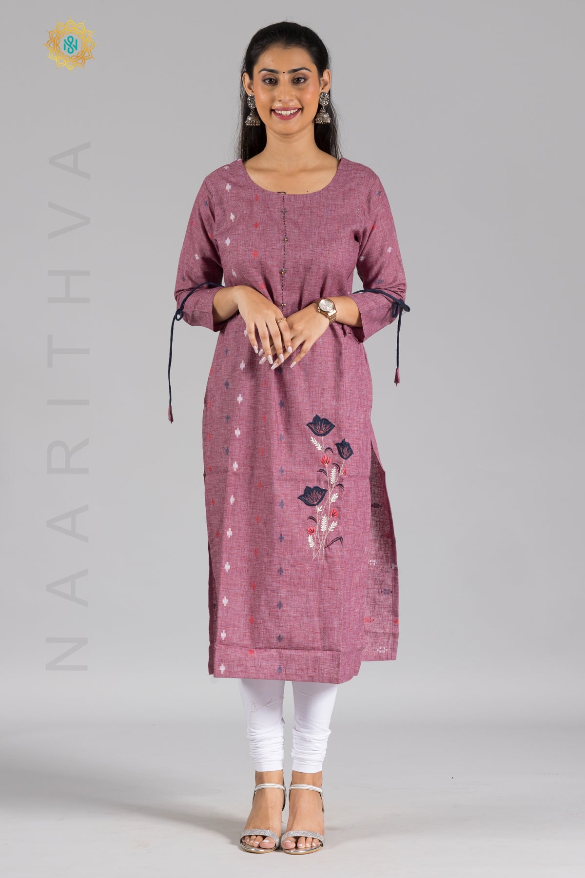 PURPLE - COTTON STRAIGHT CUT CASUAL KURTI WITH THREAD EMBROIDERY