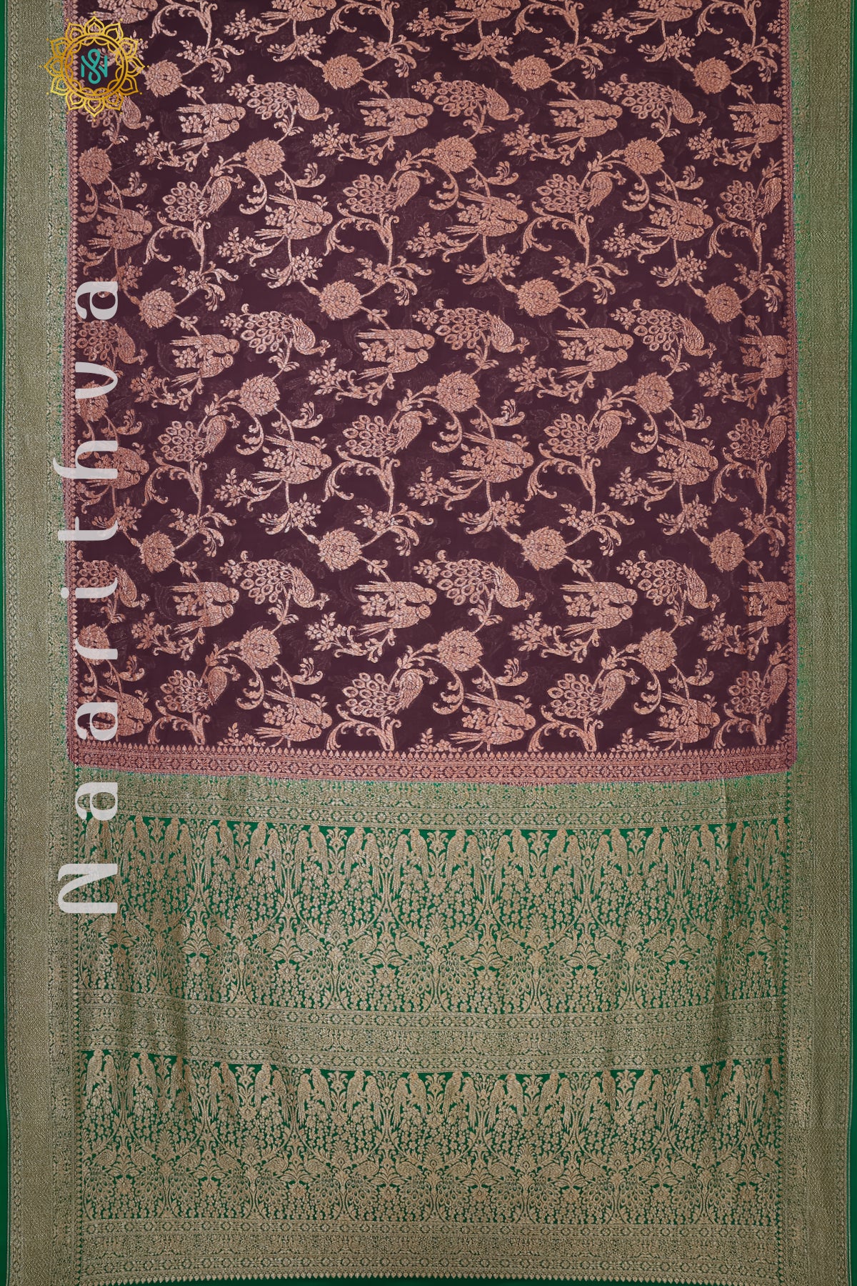 WINE WITH GREEN - PURE HANDLOOM KHADDI GEORGETTE BANARAS