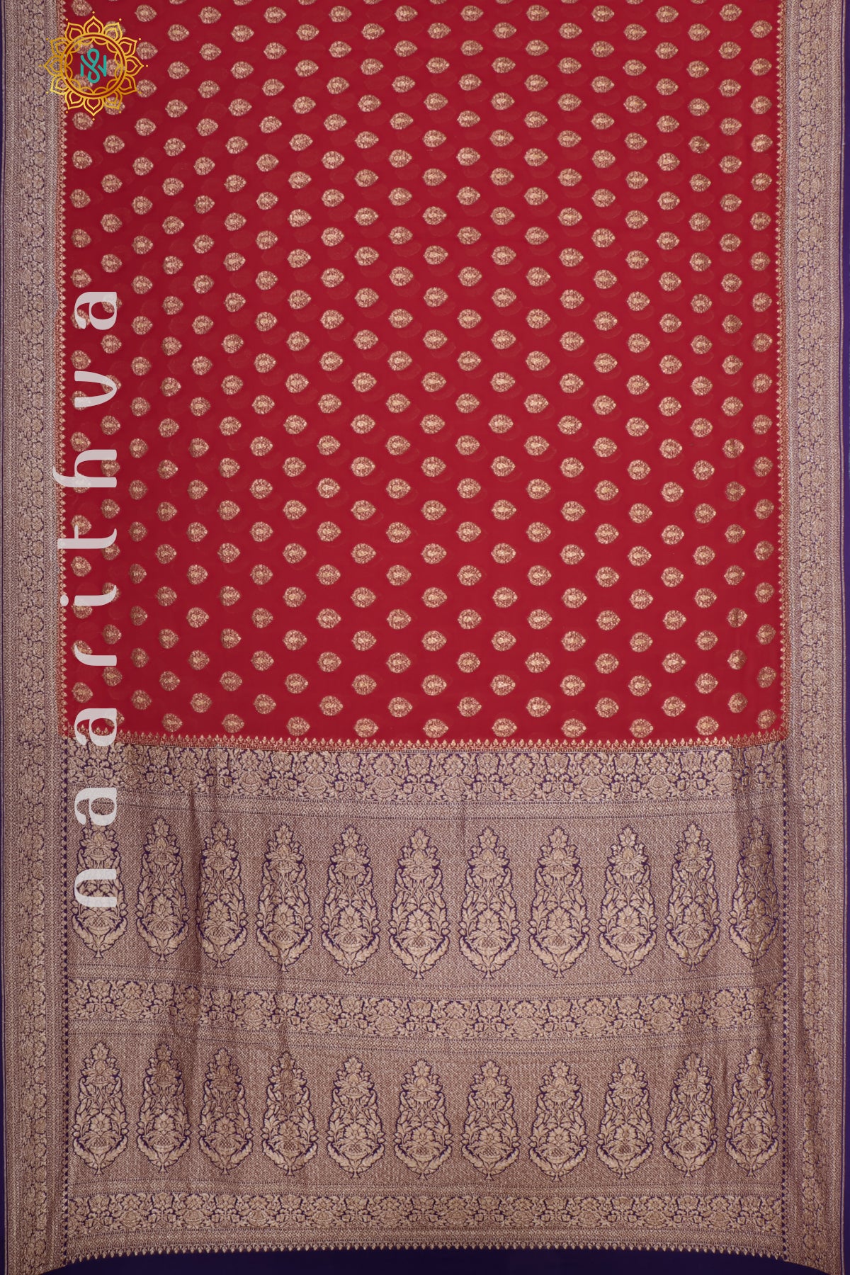 RED WITH BLUE - PURE HANDLOOM KHADDI GEORGETTE BANARAS