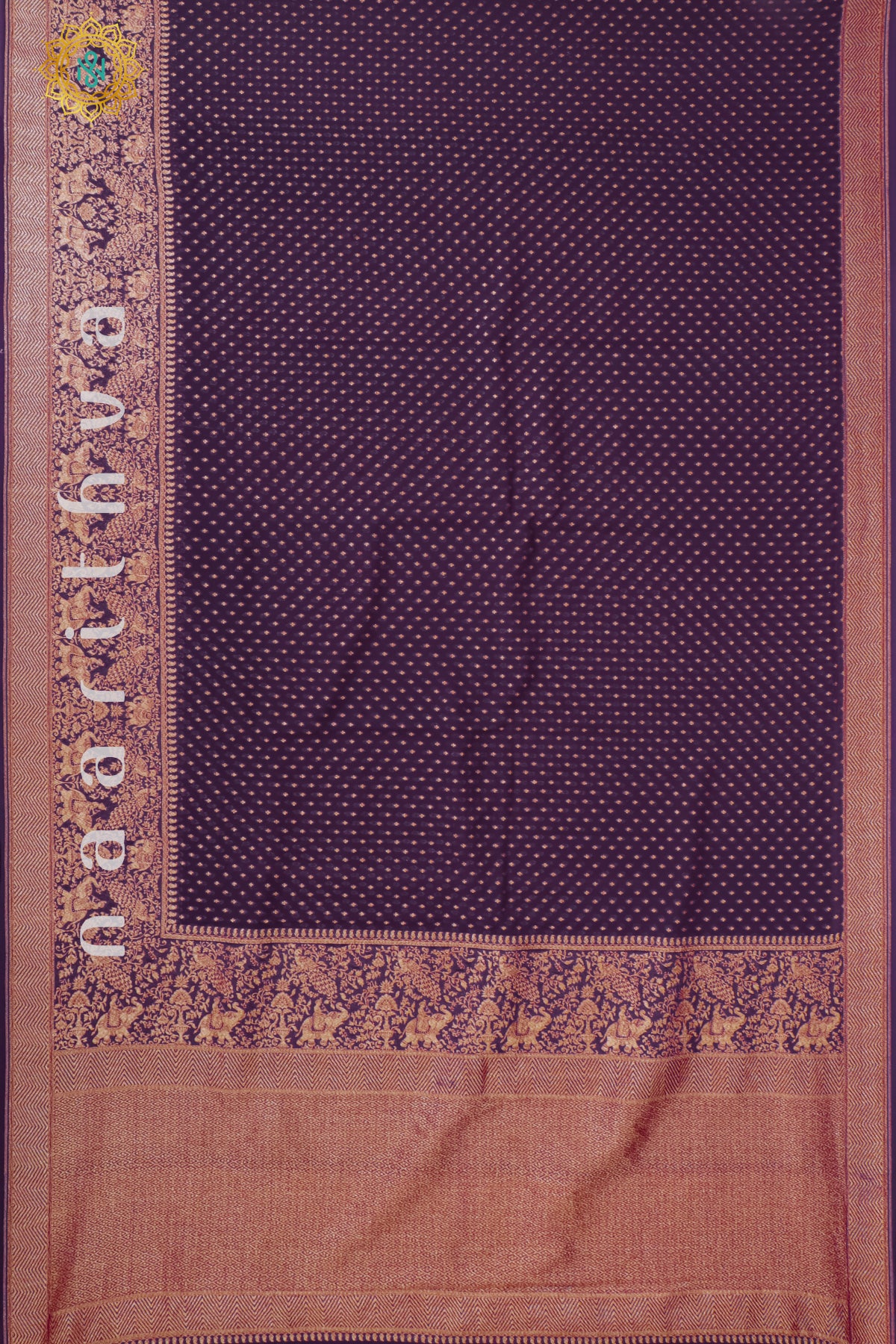 PURPLE WITH CYAN GREEN - PURE HANDLOOM KHADDI GEORGETTE BANARAS