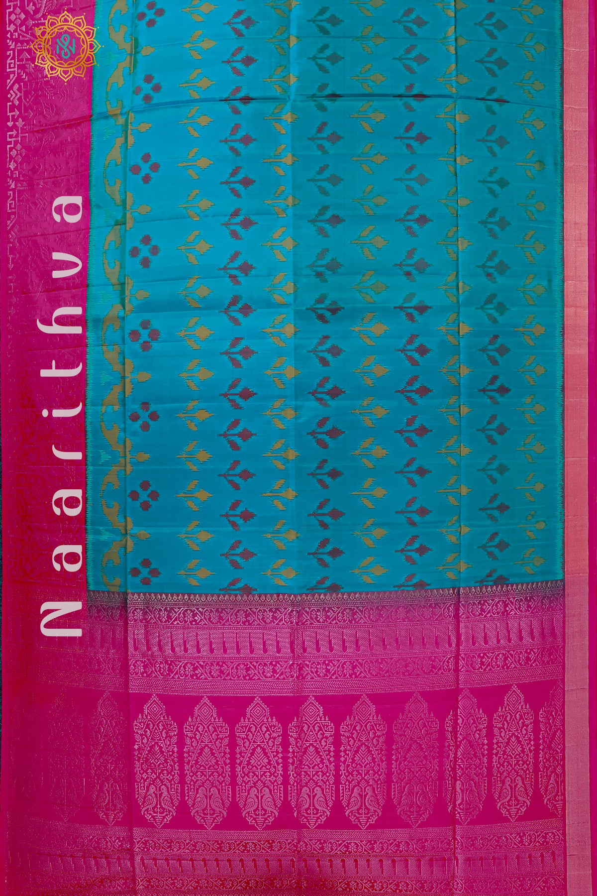 PEACOCK BLUE WITH PINK - PURE IKAT SOFT SILK