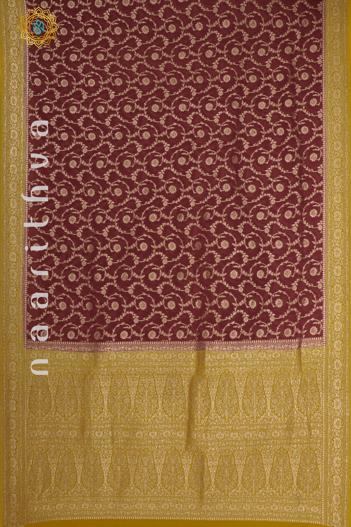 MAROON WITH MUSTARD - PURE HANDLOOM KHADDI GEORGETTE BANARAS