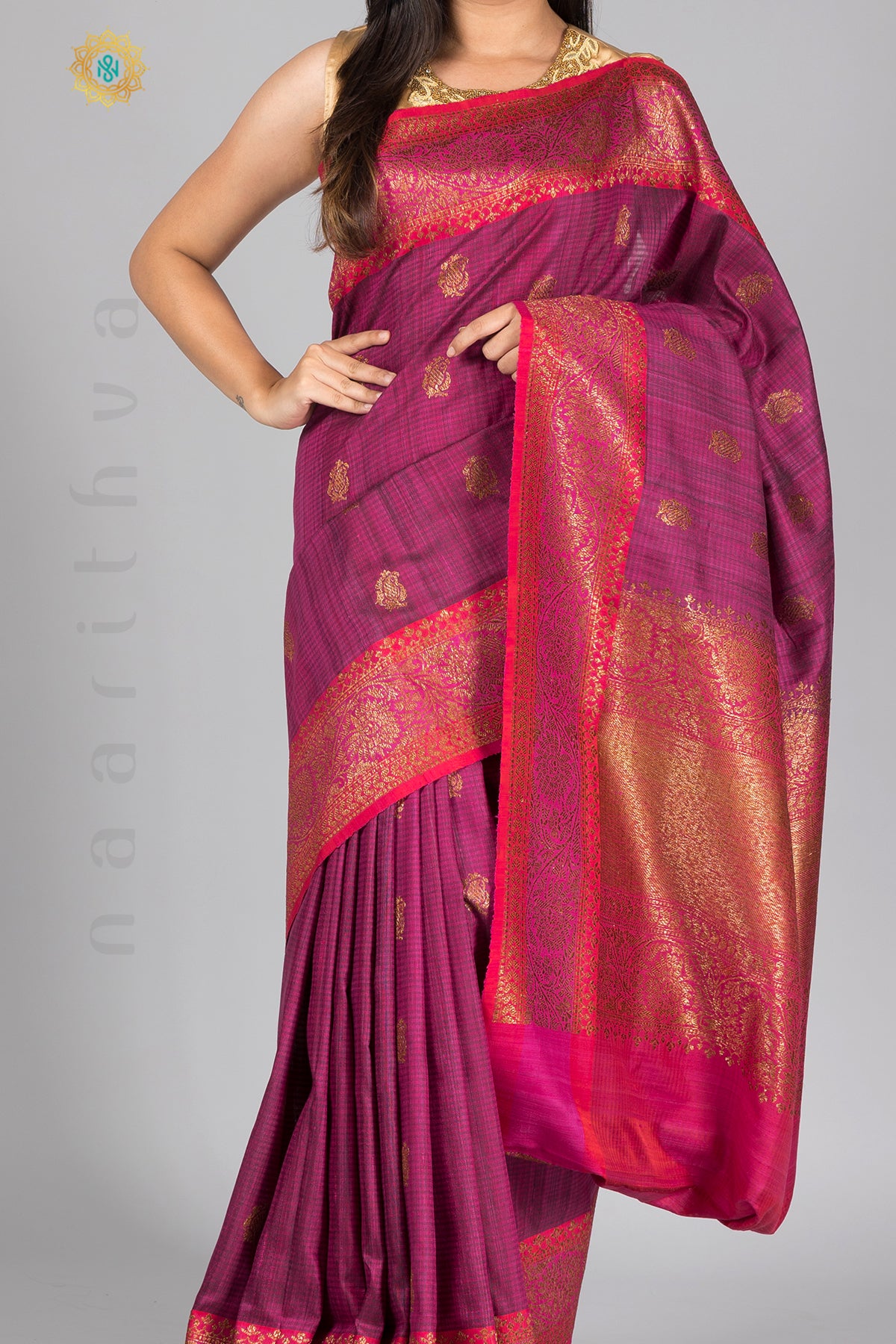 MAGENTA WITH PINK - PURE MATKA DUPION SILK WITH ZARI WOVEN BUTTA & CONTRAST BLOUSE