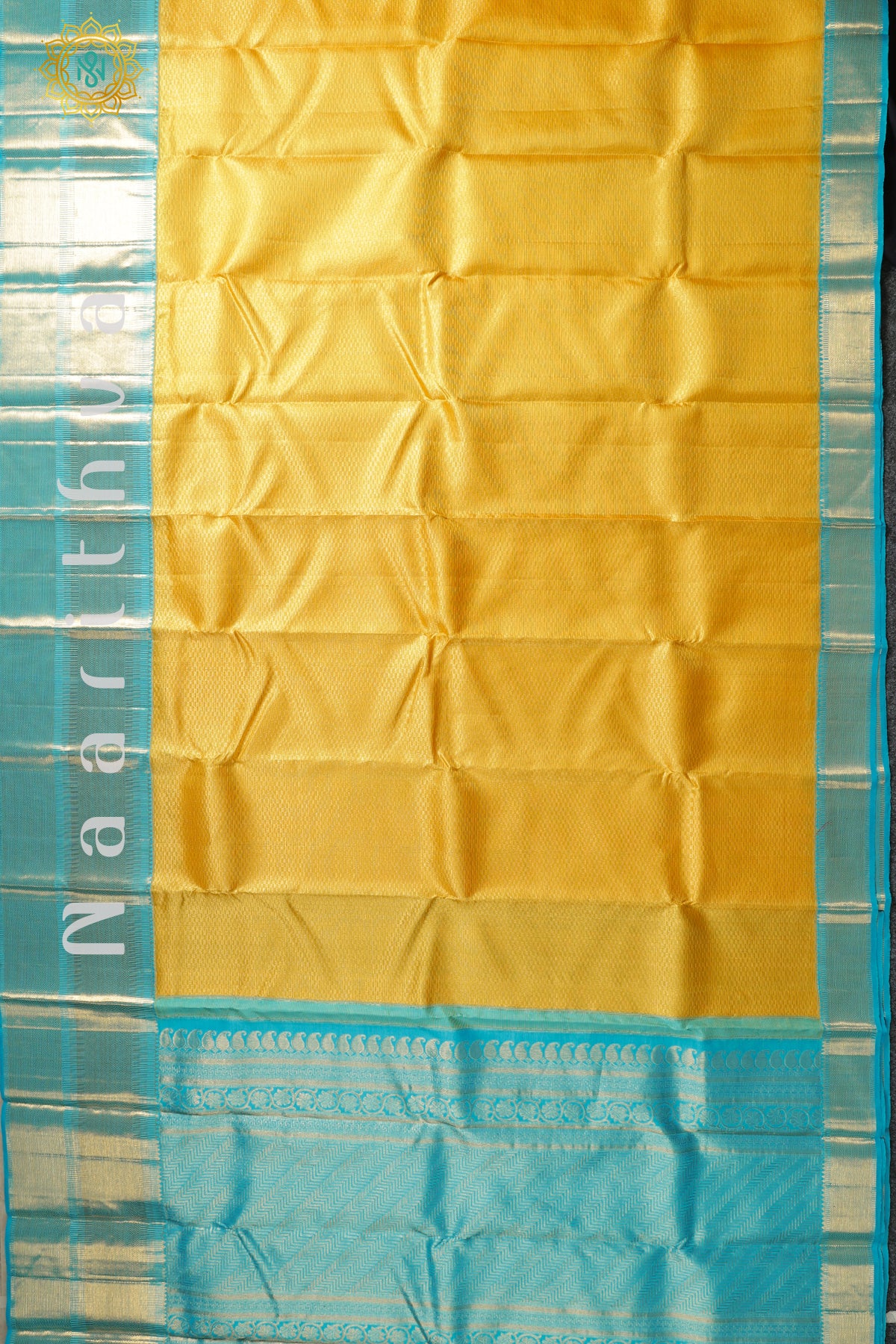 GOLDEN YELLOW WITH SKY BLUE - PURE KANJIVARAM SILK