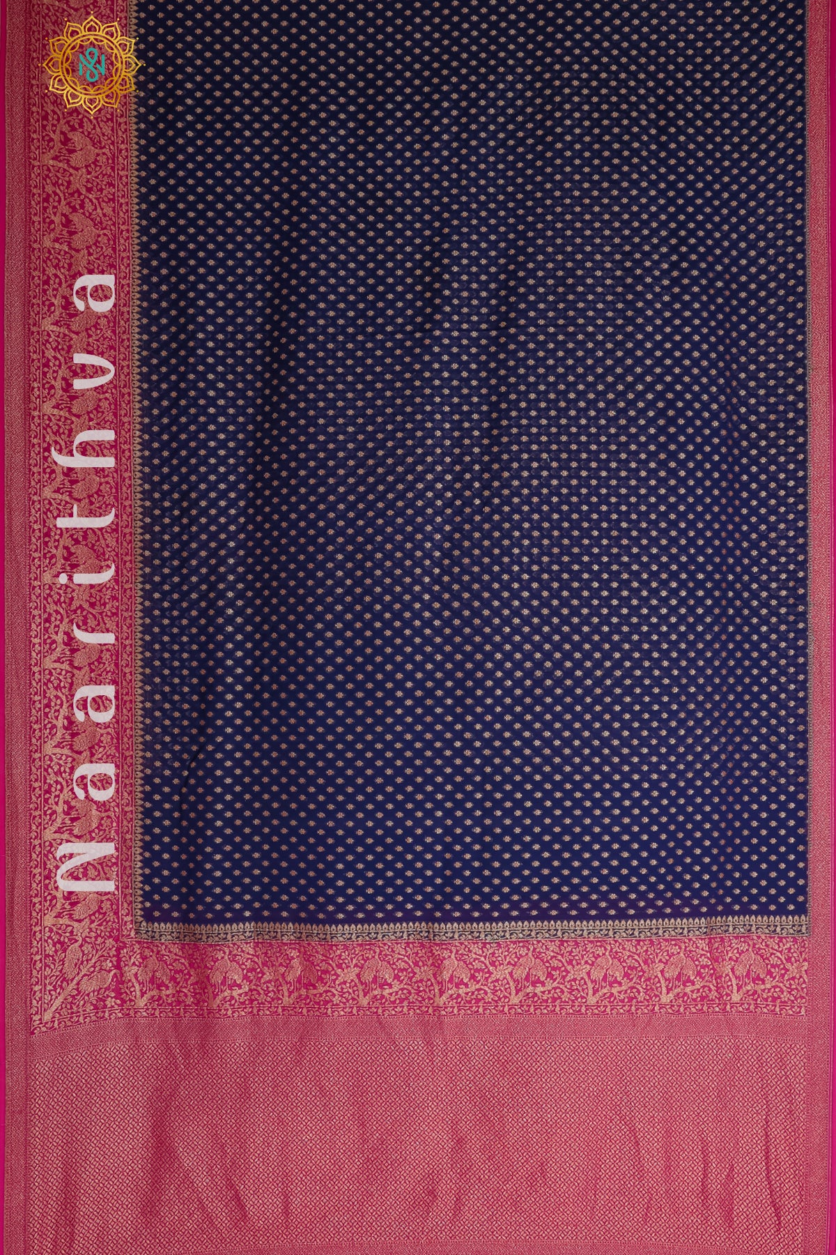 NAVY BLUE WITH PINK - PURE HANDLOOM KHADDI GEORGETTE BANARAS