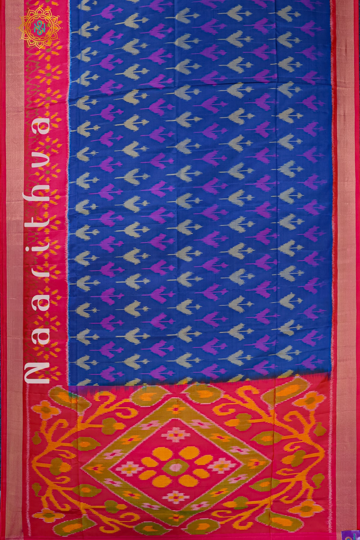 PEACOCK BLUE WITH PINK - PURE IKAT SOFT SILK