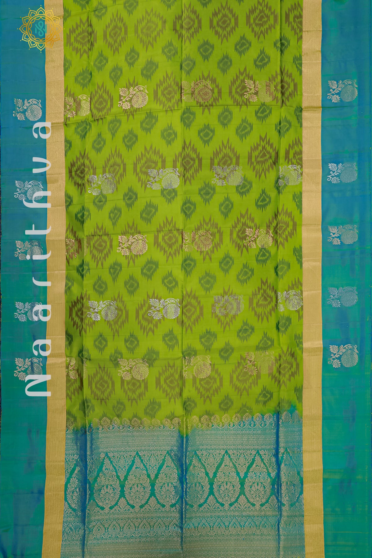 PARROT GREEN WITH BLUE - PURE IKAT SOFT SILK