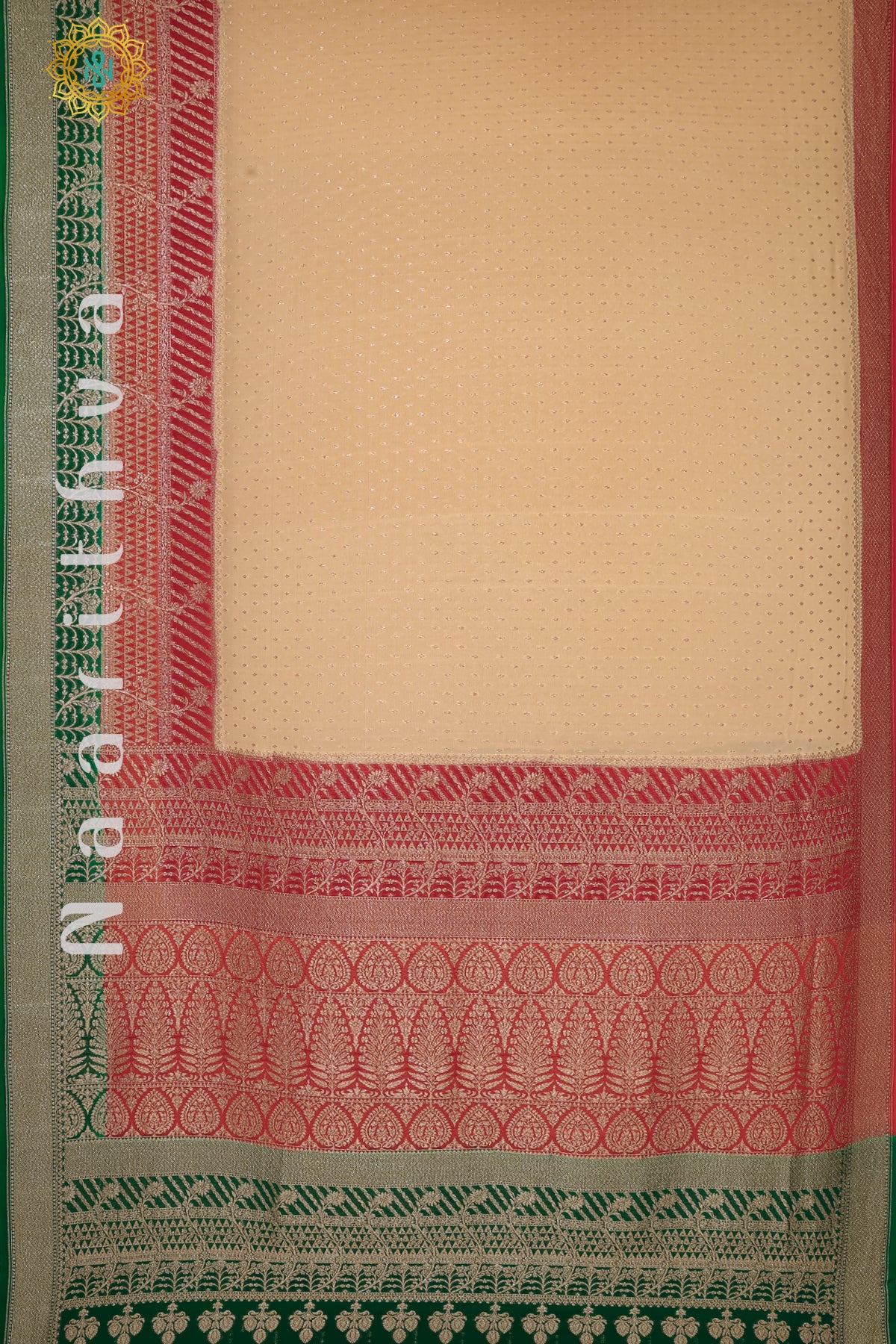 CREAM WITH RED & ORANGE, GREEN - PURE HANDLOOM KHADDI GEORGETTE BANARAS