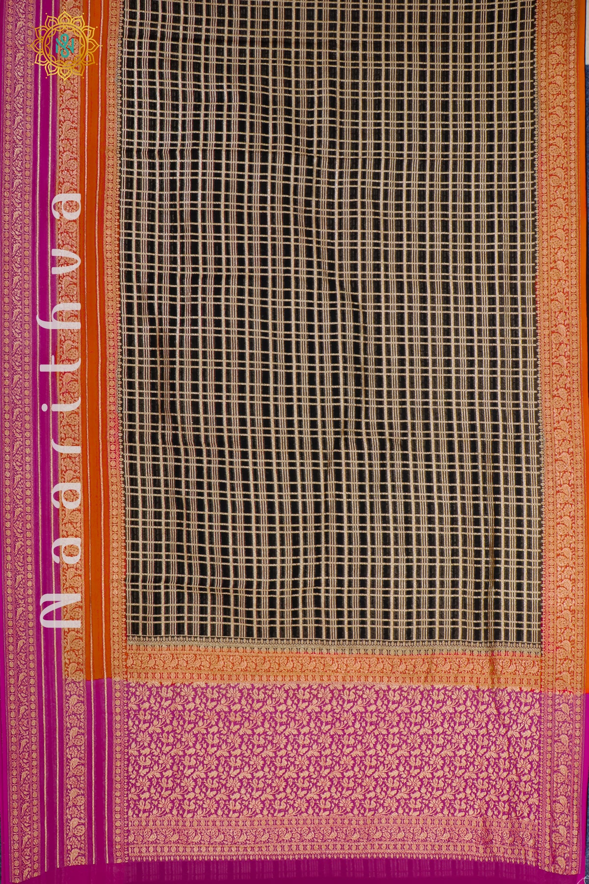 BLACK WITH ORANGE & PINK - PURE HANDLOOM KHADDI GEORGETTE