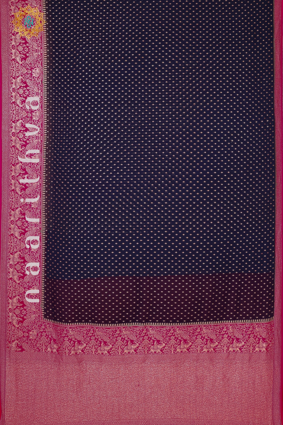 NAVY BLUE WITH PINK - PURE HANDLOOM KHADDI GEORGETTE BANARAS