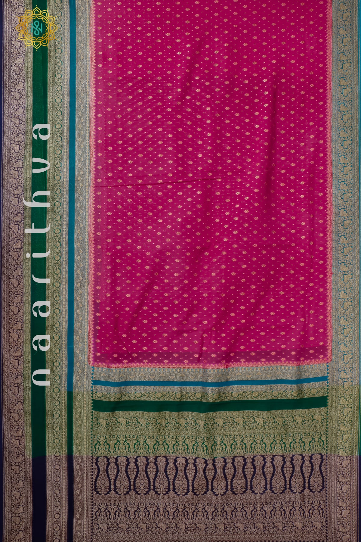 PINK WITH BLUE WITH GREEN, NAVY BLUE - PURE HANDLOOM KHADDI GEORGETTE BANARAS