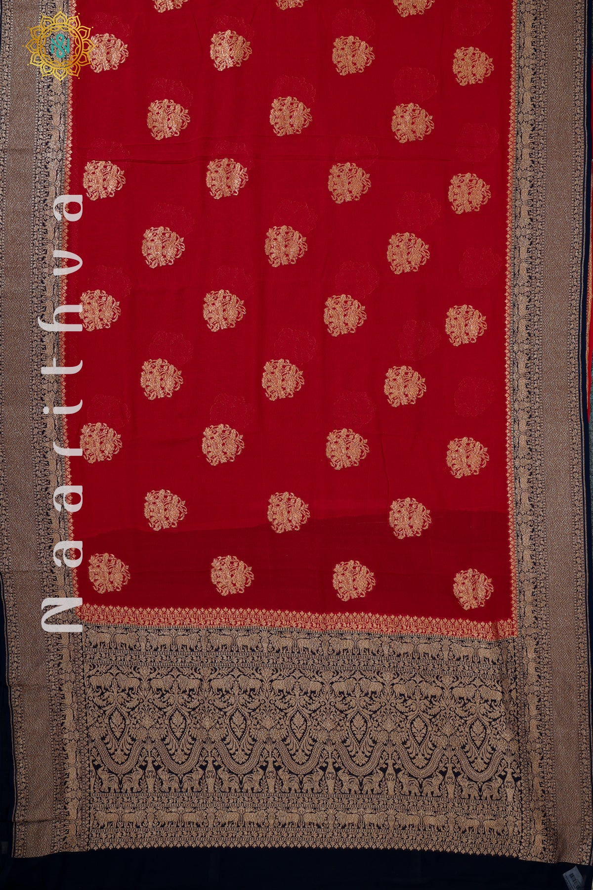 RED WITH BLUE - PURE HANDLOOM KHADDI GEORGETTE BANARAS