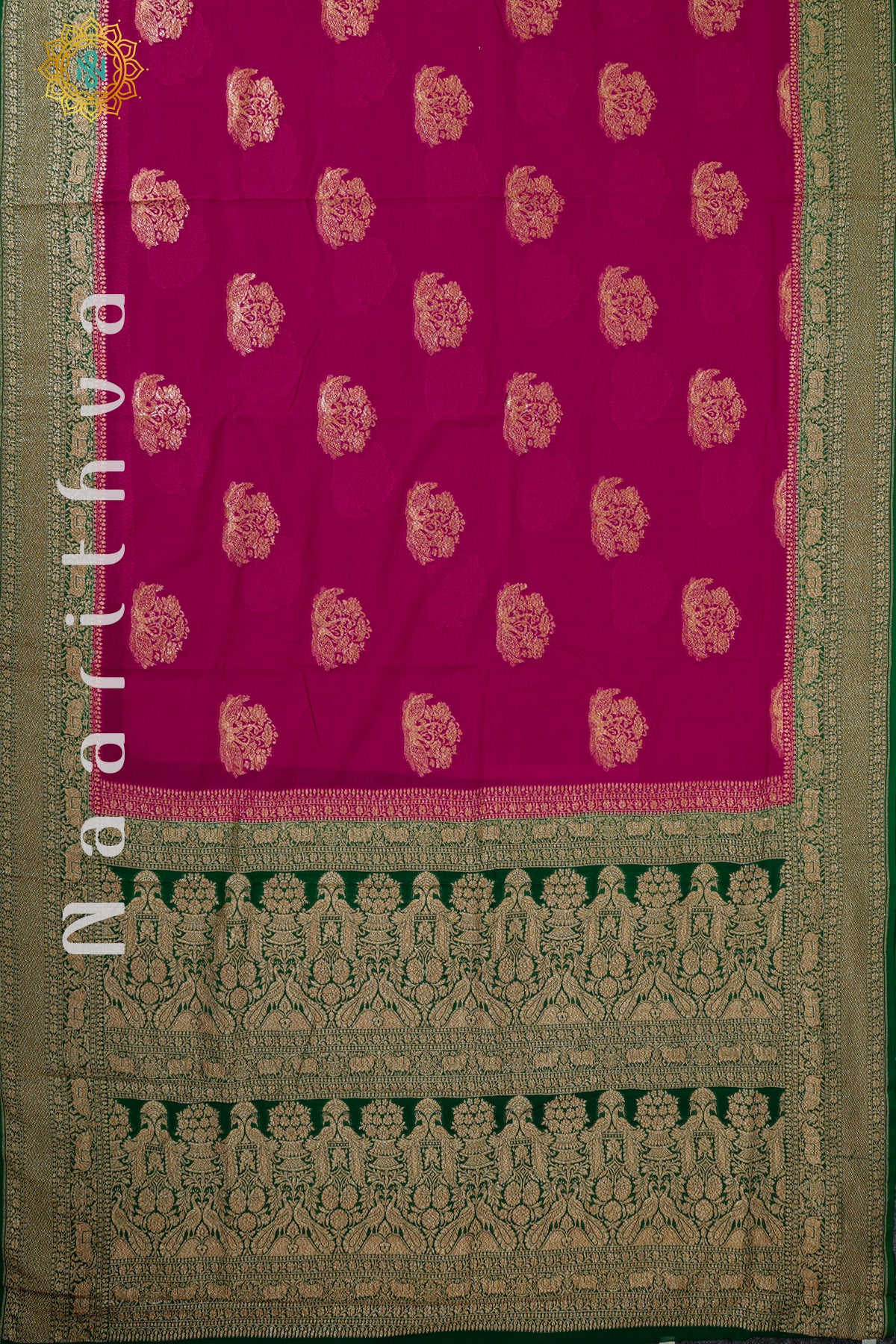 PINK WITH GREEN - PURE HANDLOOM KHADDI GEORGETTE BANARAS