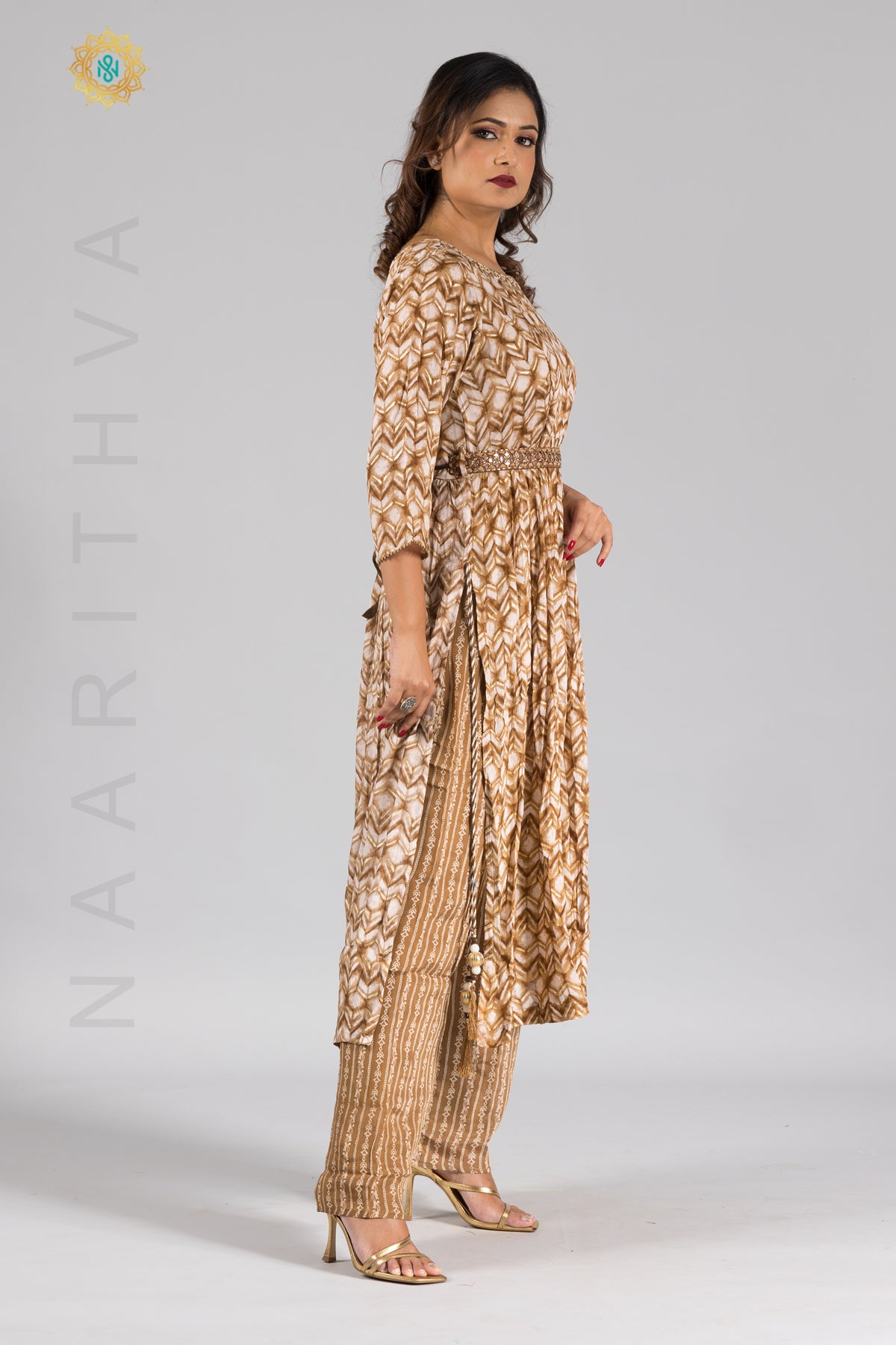 BROWN & WHITE - PARTY WEAR NAYRA CUT SALWAR SUIT WITH PARALLEL CUT PANT & DUPATTA