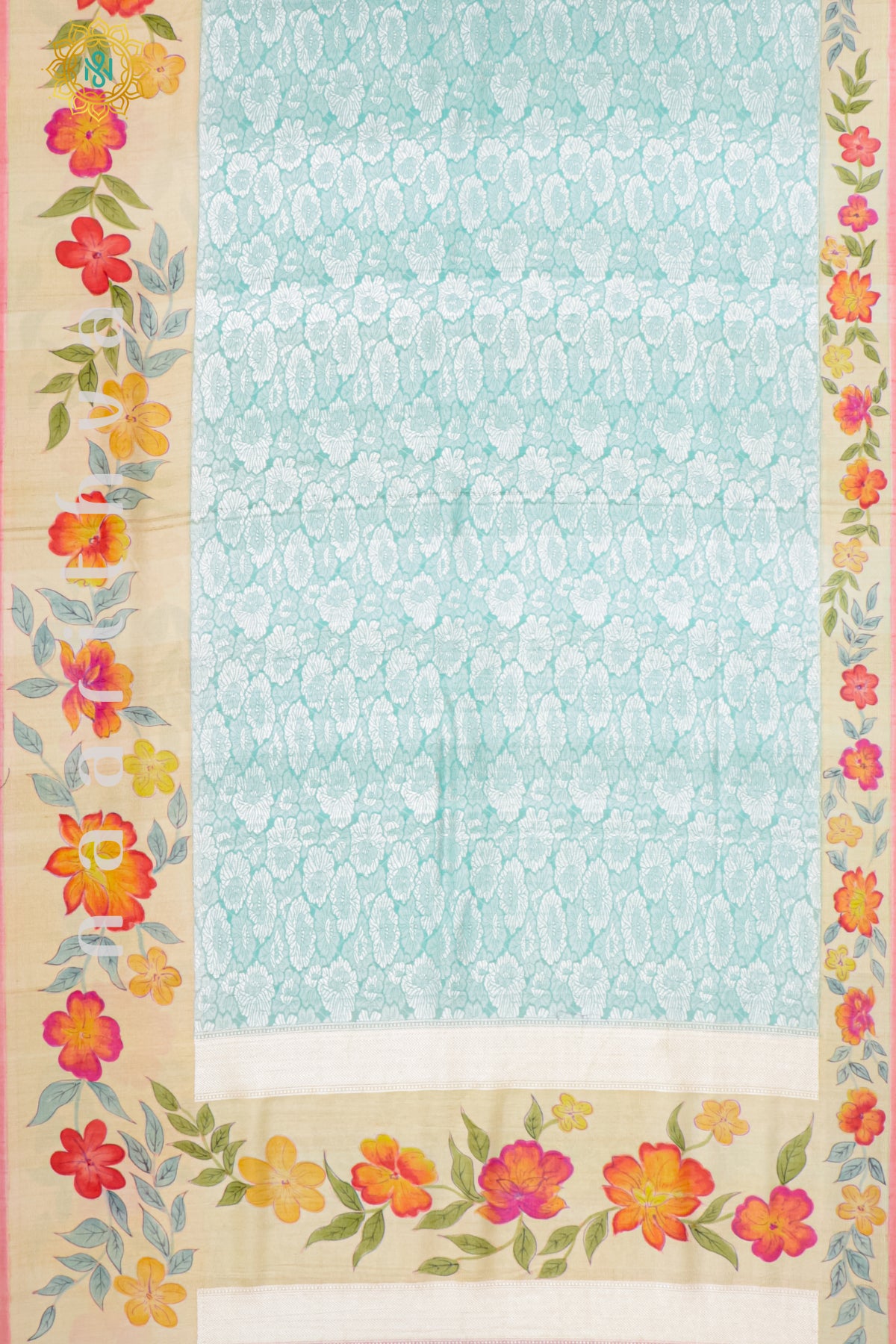 AQUA BLUE WITH BEIGE & PEACH - PURE HAND PAINTED TUSSAR GEORGETTE