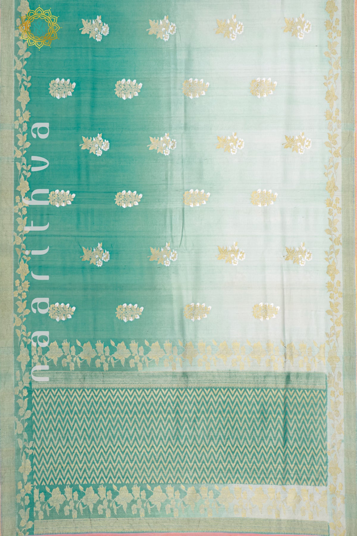 DUAL SHADE OF AQUA GREEN WITH PEACH - PURE HAND PAINTED TUSSAR GEORGETTE