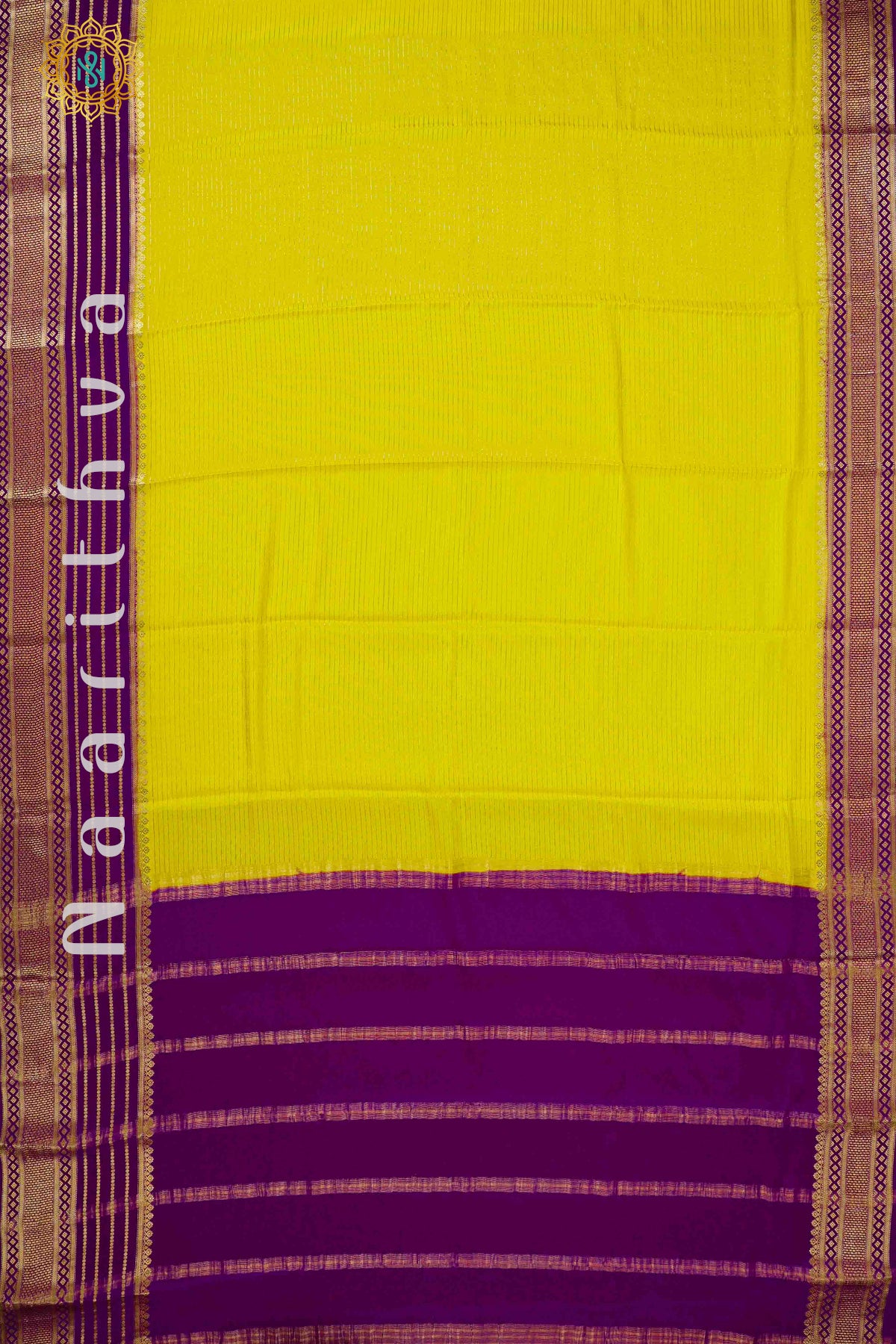 YELLOW WITH PURPLE - PURE MYSORE CREPE SILK